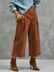 High Waist Wide Leg Trousers, Cross Over Asym Waist Pleated Black Casual Pants