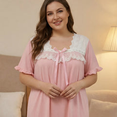 Oversized Pink Nightgown, Romantic Lace V-Neck Bow Decor Short Sleeve Maxi Sleep Dress