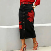 High Waist Red Flower Print Denim Midi Skirt, Button Front Straight Jean Skirt