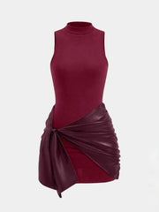 Mock Neck Bodycon Dress, Faux Leather Wrap Tie Detail Mini Dress