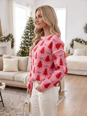 Pink Christmas Tree Bow Print Pullover Sweater