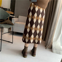 Argyle Knit A-Line Mid-Calf Skirt