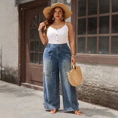 Plus Size Patch Pocket Wide Leg Jeans
