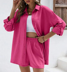 Loose Button Down Shirt & High Waist Shorts Outfit