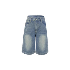 Mid Waist Washed Straight Leg Denim Bermuda Shorts