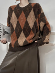 Crew Neck Argyle Knit Sweater