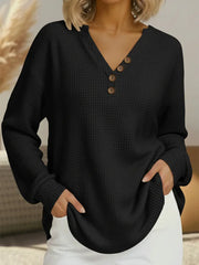 Waffle Knit Notch Henley V-Neck Long Sleeve Casual Top