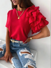 One Shoulder Ruffle Sleeve T-Shirt