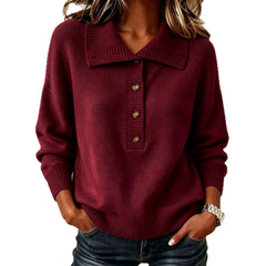 Burgundy Collared Henley Knit Sweater Button Front Long Sleeve Loose Pullover
