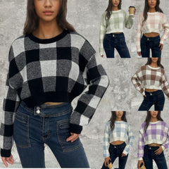 Pink White Plaid Round Neck Cropped Pullover Sweater