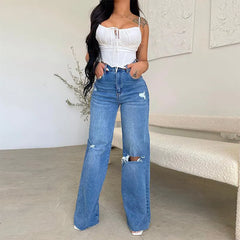 Ripped Destroyed High Waist Wide Leg Jeans