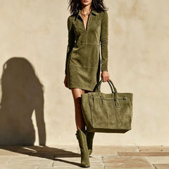 Retro Faux Suede Long Sleeve Mini Dress Lapel Collar Stitched Panel Slim Fit Casual Dress