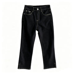 Mid Waist Slim Stretch Retro Split Hem Straight Nine-Point Jeans