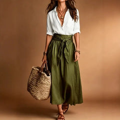 Color Matching Long Sleeve Shirt & Tie Waist Midi Skirt Two Piece Set