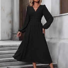 Deep V Neck Swiss Dot Midi Dress, Long Puff Sleeve Empire Waist Chiffon Party Dress
