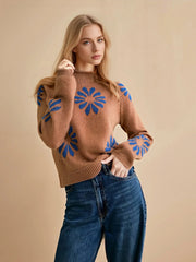Floral Print Crew Neck Loose Pullover Sweater