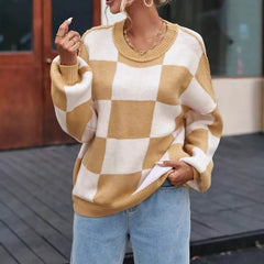 Checkerboard Color Block Crew Neck Loose Pullover Sweater