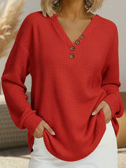 Waffle Knit Notch Henley V-Neck Long Sleeve Casual Top