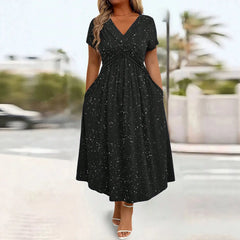 Twist Front A Line Midi Dress, Short Sleeve V-Neck Glitter Dot Print Dress with Pockets