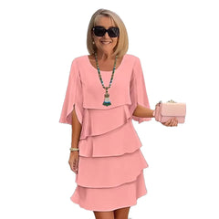 Solid Color Layered Ruffle Hem Split Sleeve Midi Dress