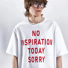 Four Lines Red Letter Print Crew Neck Oversized Loose Cotton Short Sleeve T-shirt