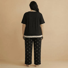Curvy Bow Pattern 2 Piece Sleepwear, Black Short Sleeve Henley Top with Lace Detail Soft Pj Pants
