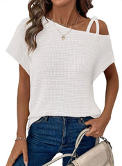 Waffle Knit Asymmetrical Cold Shoulder T-Shirt