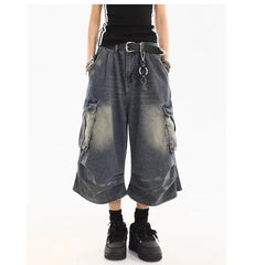 Multi Cargo Pocket Gradient Washed Cropped Baggy Jeans