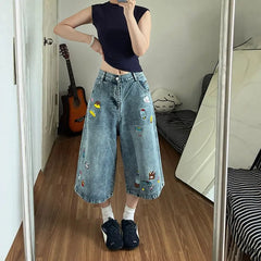 High Waist Cartoon Patch Wide Leg Cropped Jeans