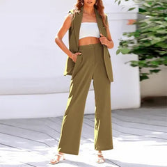 Sleeveless Blazer Vest Wide Leg Pants 2 Piece Suit Set
