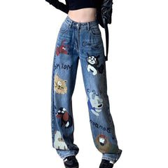 High Waist Animal Graphic Baggy Jeans, Cute Puppy Print Wide Leg Denim Trousers