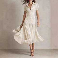 Lapel High Waist Pull Pleat A-Line Satin Midi Dress