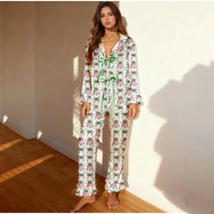 Button Down Ruffle Cuff Long Pants Holiday Loungewear Set