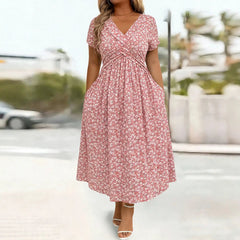 Twist Front A Line Midi Dress, Short Sleeve V-Neck Glitter Dot Print Dress with Pockets