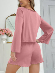 Pink Off Shoulder Lettuce Trim Long Sleeve 2 Piece Shorts Pajama Set