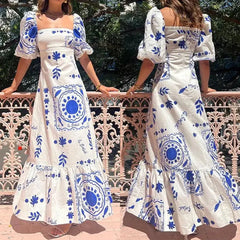 Print Square Neck Puff Sleeve Maxi Dress