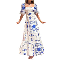 Print Square Neck Puff Sleeve Maxi Dress