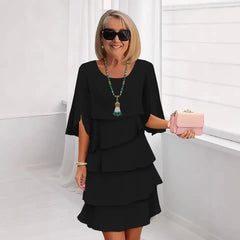 Solid Color Layered Ruffle Hem Split Sleeve Midi Dress