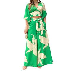 Floral Print V Neck Tie Crop Top & Wide Leg Pants Two Piece Set