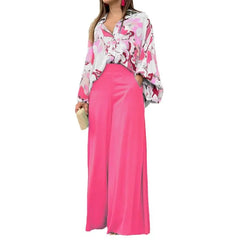 Floral Print Long Sleeve Shirt & Wide Leg Pants Two Piece Set