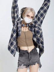 Loose Fit Navy Tartan Plaid Shirt, Oversized Longline Casual Streetwear Blouse