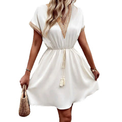 V Neck Lace Trim Tassel Tie Waist Casual A-Line Midi Dress