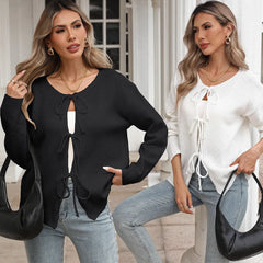 White Front Tie Knit Cardigan Long Sleeve Open Front Loose Lightweight Sweater Cover Up