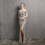 Clara Glitter Off the Shoulder Split Dress For Prom