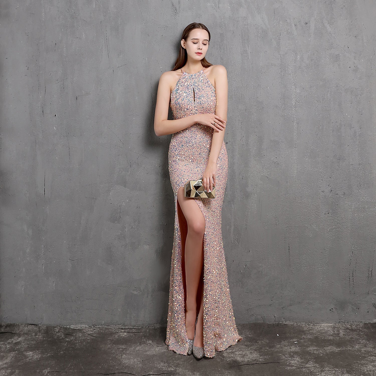 Ella halterneck sequined formal dress