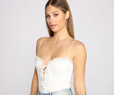 Ruched Ruffle Lace-Up Bodysuit