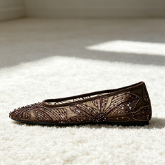 Romantic Sheer Mesh Beaded Ballet Flats, Retro Floral Embroidery Dressy Flat Shoes