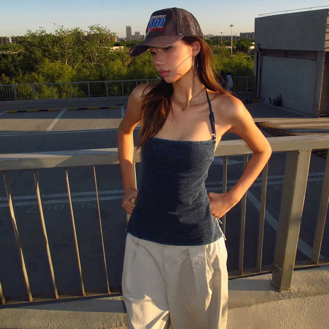 Vintage Washed Denim Halter Square Neck Slim Fitted Tank Top