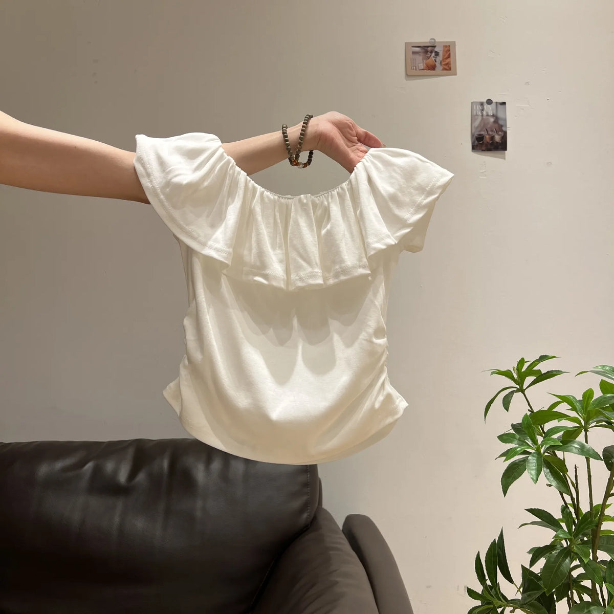 Solid Cream Elegant Boat Neck Fitted Casual Blouse