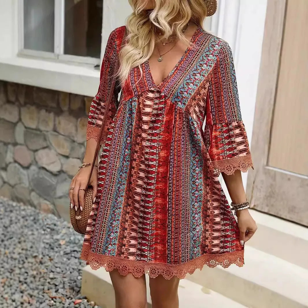 Boho V Neck Lace Trim Floral Print Short Dress